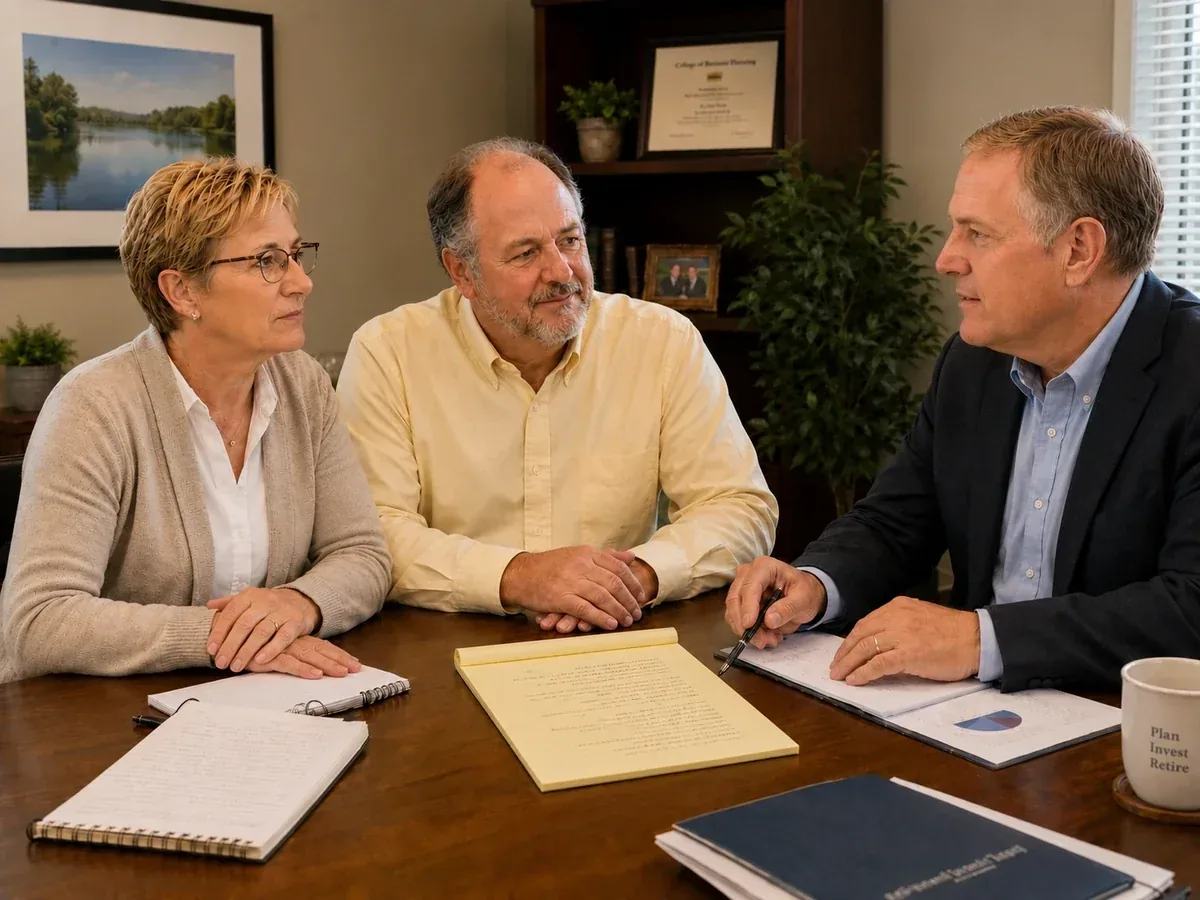 A financial advisor reviewing a retirement income worksheet with a couple in his office