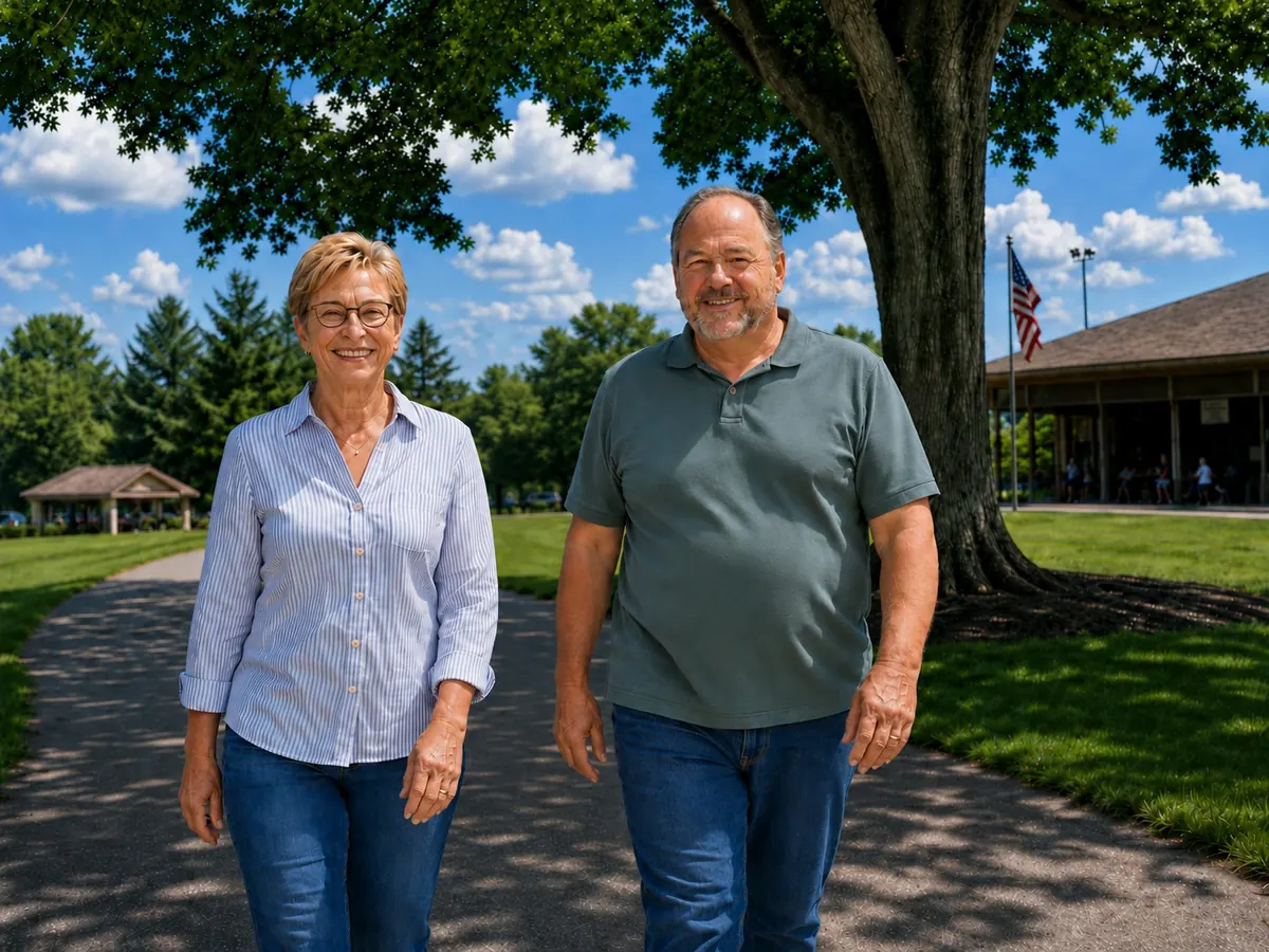 A retired couple walking together at a local park