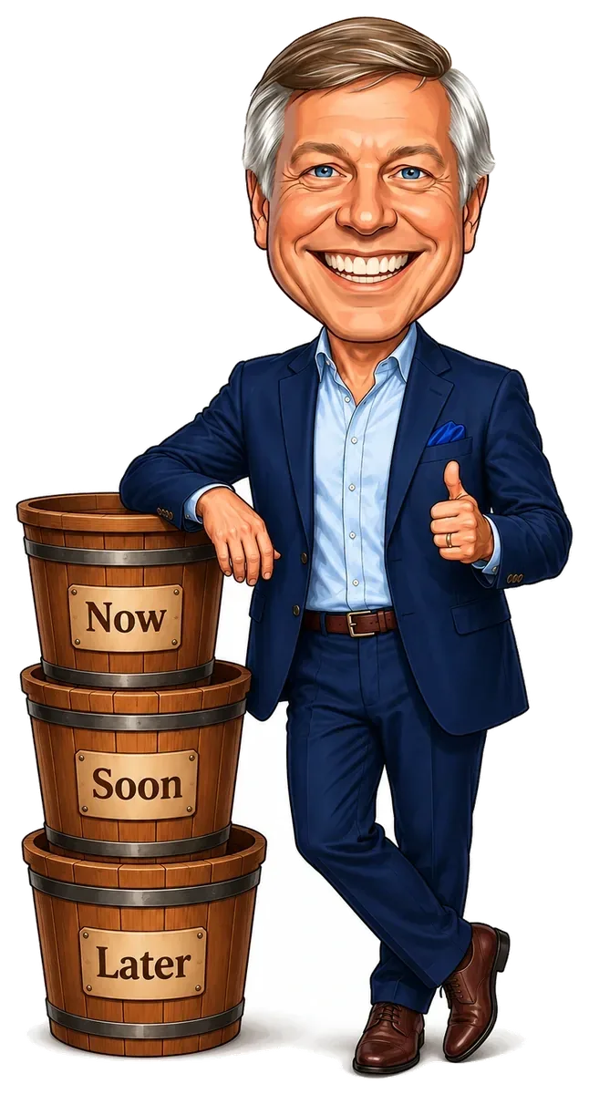 Illustration of The Buckets Guy beside three retirement buckets labeled Now, Soon, and Later