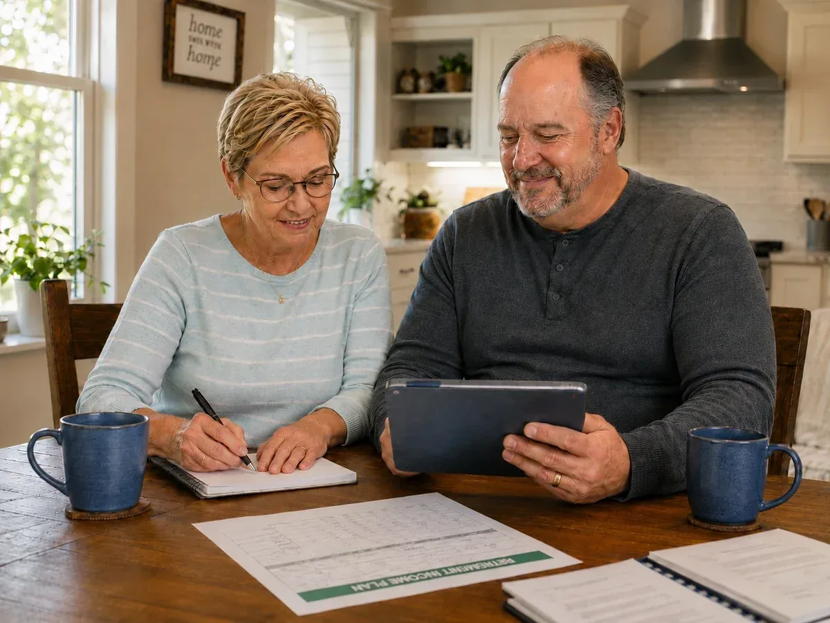 A couple reviewing retirement information together at their kitchen table